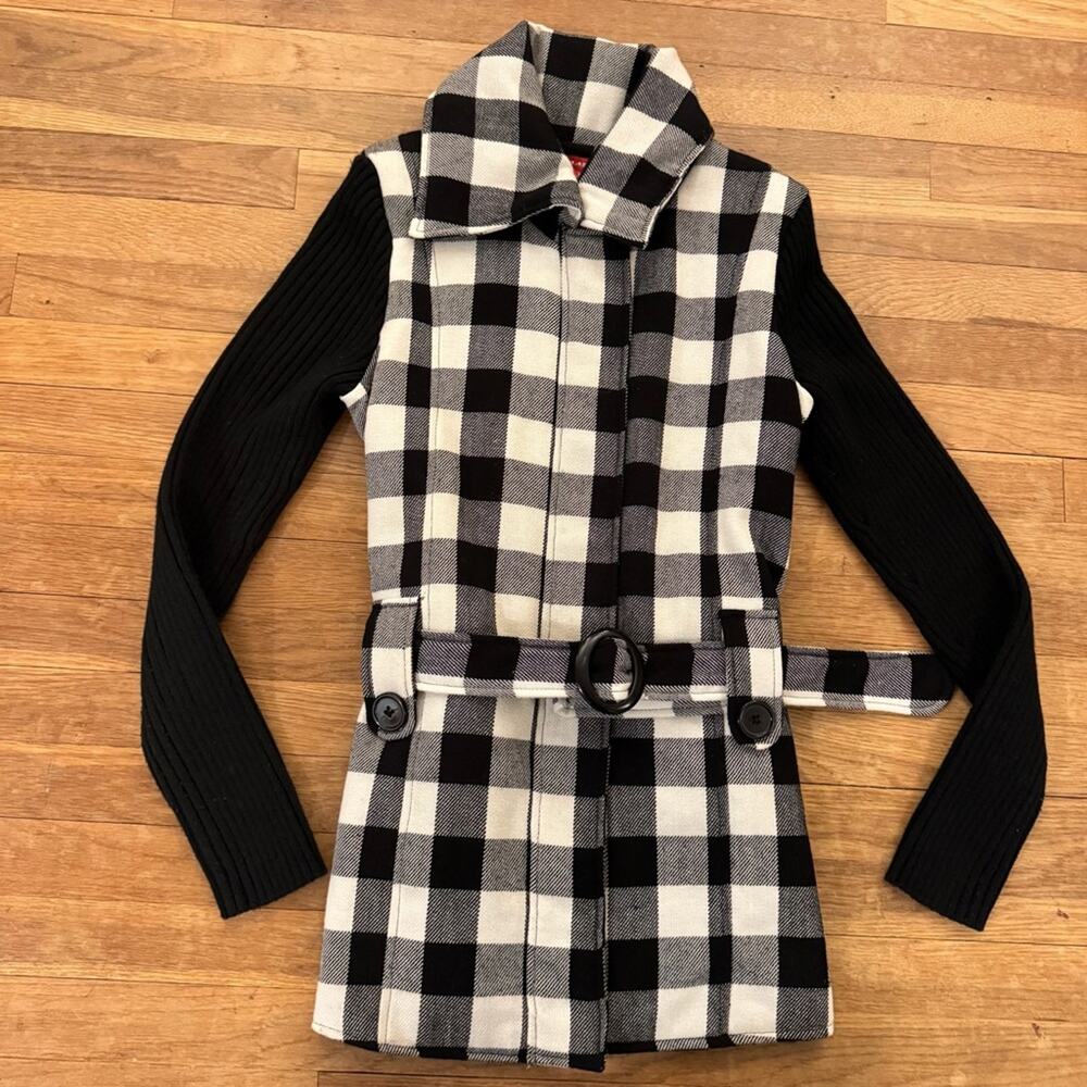 J.J. Basics black white buffalo plaid long sleeve belted sweater jacket XL
 b58